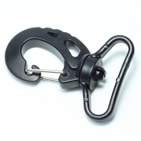 Plastic hook buckle with a stainless steel spring action for making removable straps for duffel and messenger bags