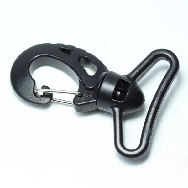 Plastic hook buckle with a stainless steel spring action for making removable straps for duffel and messenger bags