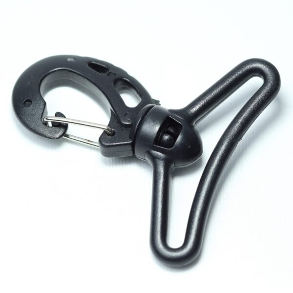 Plastic hook buckle with a stainless steel spring action for making removable straps for duffel and messenger bags