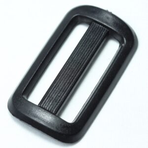 Plastic buckle for adjusting length of webbing or strap. Also known as an adjuster or square buckle or SB