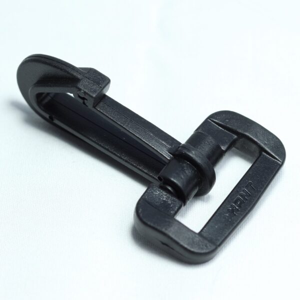 Plastic hook buckle with spring action for making removable straps for duffel and messenger bags