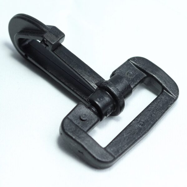 Plastic hook buckle with spring action for making removable straps for duffel and messenger bags