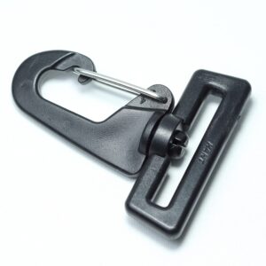 Plastic hook buckle with a stainless steel spring action for making removable straps for duffel and messenger bags