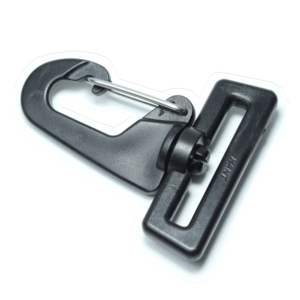 Plastic hook buckle with a stainless steel spring action for making removable straps for duffel and messenger bags