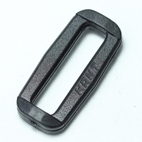 Plastic buckle rectangular in shape meant for connecting two loops of webbing together