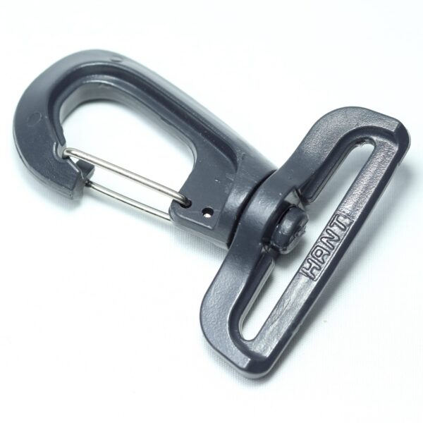 Plastic hook buckle with a stainless steel spring action for making removable straps for duffel and messenger bags